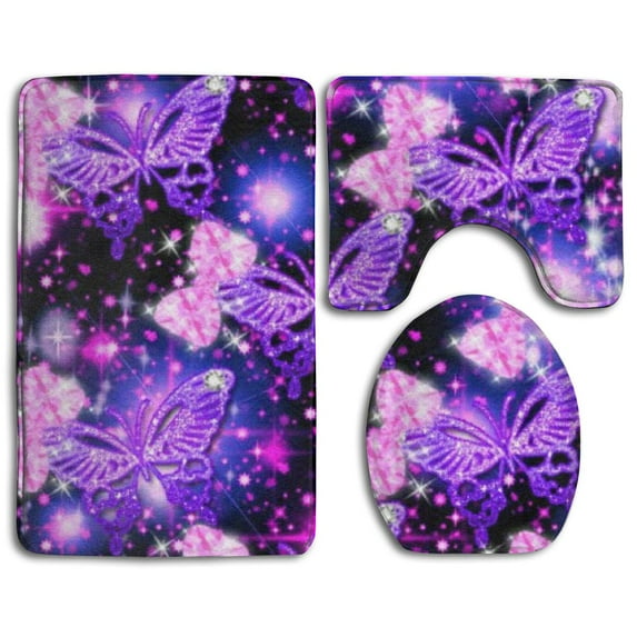 PUDMAD Purple Cute Butterfly 3 Piece Bathroom Rugs Set Bath Rug Contour Mat and Toilet Lid Cover