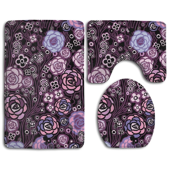 PUDMAD Purple Flowers 3 Piece Bathroom Rugs Set Bath Rug Contour Mat and Toilet Lid Cover