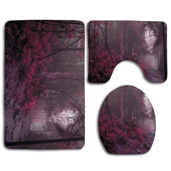PUDMAD Purple Forest 3 Piece Bathroom Rugs Set Bath Rug Contour Mat and Toilet Lid Cover