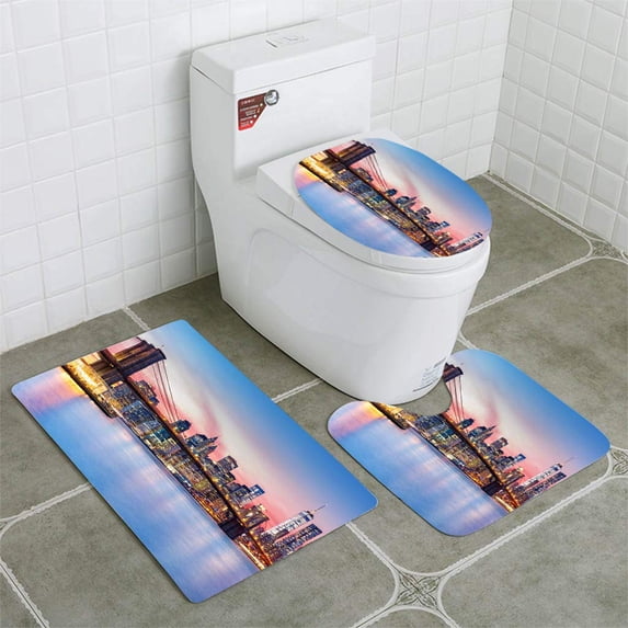 PUDMAD Purple New York City Sunset 3 Piece Bathroom Rugs Set Bath Rug Contour Mat and Toilet Lid Cover