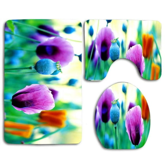 PUDMAD Purple Poppies 3 Piece Bathroom Rugs Set Bath Rug Contour Mat and Toilet Lid Cover