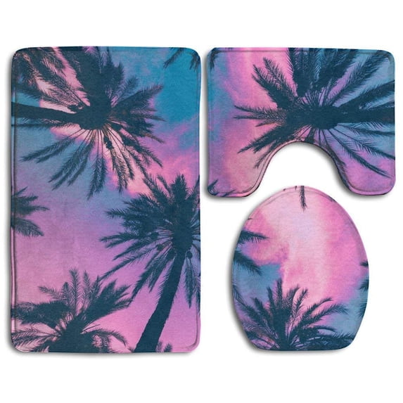 PUDMAD Purple Sky Palm Trees 3 Piece Bathroom Rugs Set Bath Rug Contour Mat and Toilet Lid Cover