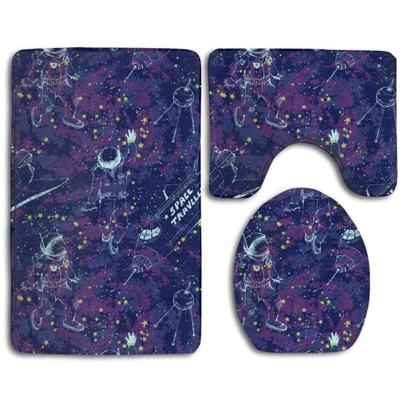 PUDMAD Purple Space 3 Piece Bathroom Rugs Set Bath Rug Contour Mat and Toilet Lid Cover