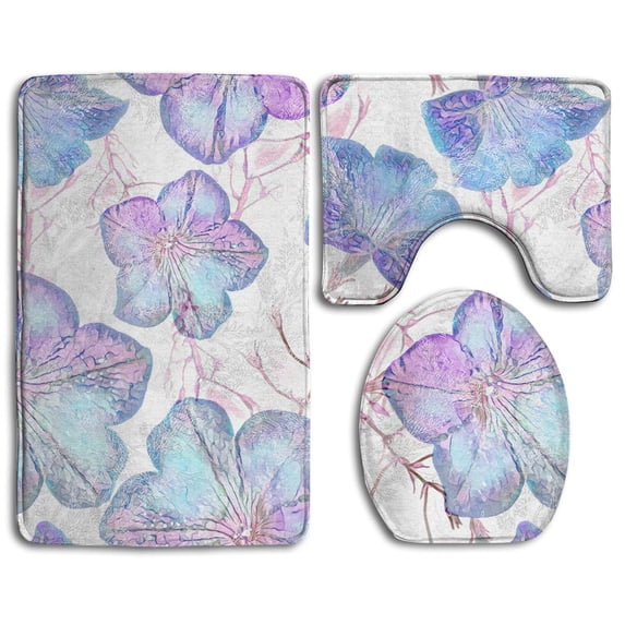 PUDMAD Purple Watercolor Flower 3 Piece Bathroom Rugs Set Bath Rug Contour Mat and Toilet Lid Cover
