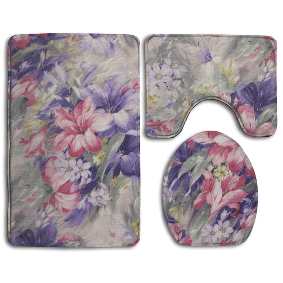 PUDMAD Purple and Pink Flowers 3 Piece Bathroom Rugs Set Bath Rug Contour Mat and Toilet Lid Cover