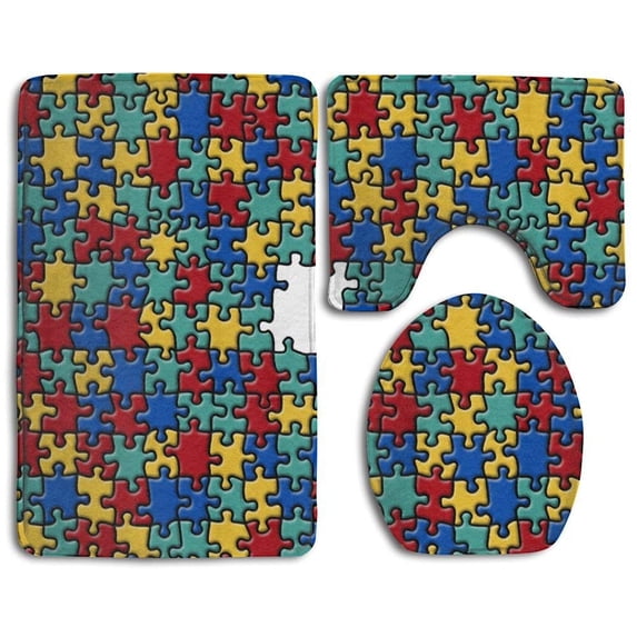 PUDMAD Puzzle Piece Colorful Toy 3 Piece Bathroom Rugs Set Bath Rug Contour Mat and Toilet Lid Cover