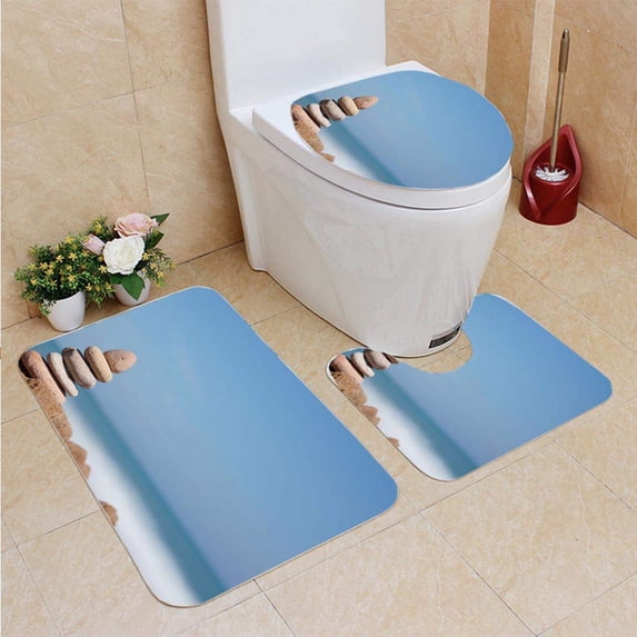 PUDMAD Pyramid Stones Shore sea Harmony 3 Piece Bathroom Rugs Set Bath Rug Contour Mat and Toilet Lid Cover