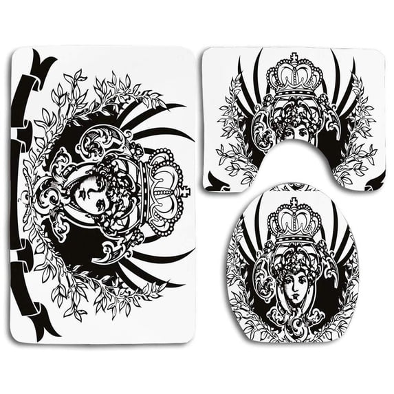 PUDMAD Queen Vintage Ornate Banner Woman Portrait Historical Heraldic Royal 3 Piece Bathroom Rugs Set Bath Rug Contour Mat and Toilet Lid Cover