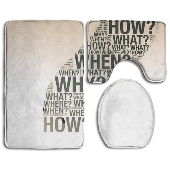 PUDMAD Question Mark 3 Piece Bathroom Rugs Set Bath Rug Contour Mat and Toilet Lid Cover