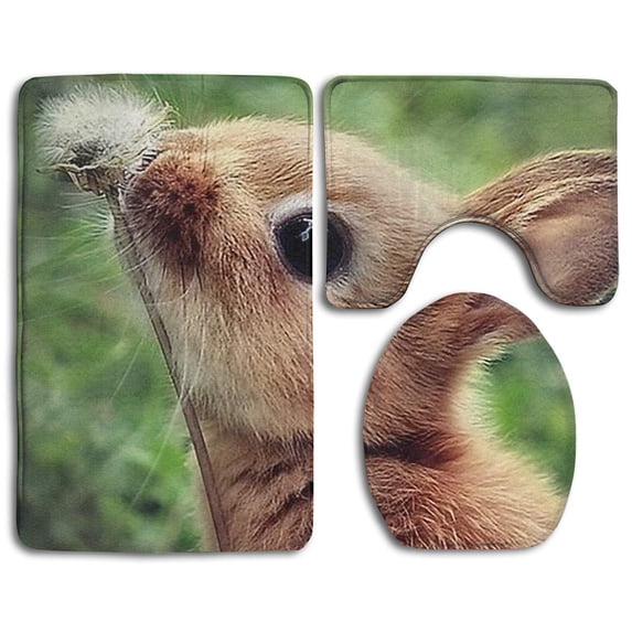 PUDMAD Rabbit Bunny Patterned 3 Piece Bathroom Rugs Set Bath Rug Contour Mat and Toilet Lid Cover