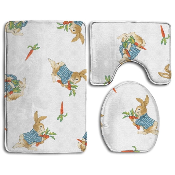 PUDMAD Rabbit Carrot 3 Piece Bathroom Rugs Set Bath Rug Contour Mat and Toilet Lid Cover