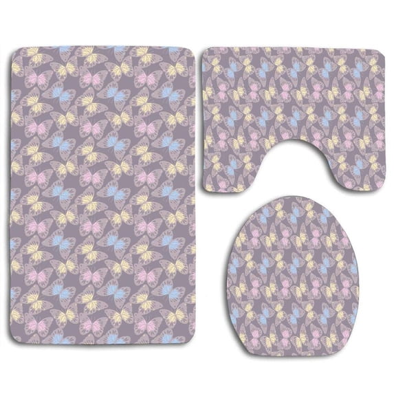 PUDMAD Rainbow Butterflies 3 Piece Bathroom Rugs Set Bath Rug Contour Mat and Toilet Lid Cover