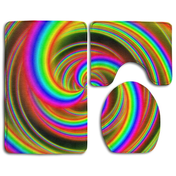 PUDMAD Rainbow Colorful Swirl 3 Piece Bathroom Rugs Set Bath Rug Contour Mat and Toilet Lid Cover