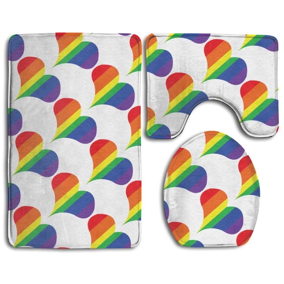 PUDMAD Rainbow Heart 3 Piece Bathroom Rugs Set Bath Rug Contour Mat and Toilet Lid Cover