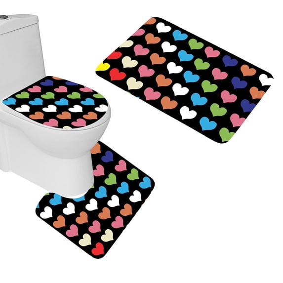 PUDMAD Rainbow Hearts 3 Piece Bathroom Rugs Set Bath Rug Contour Mat and Toilet Lid Cover