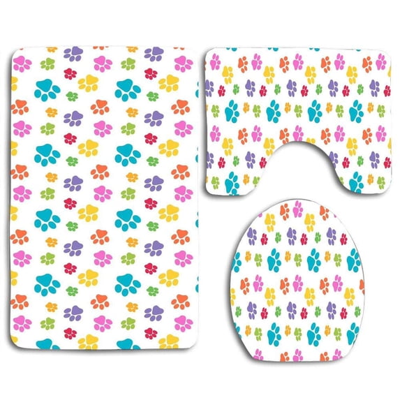 PUDMAD Rainbow Paw Prints 3 Piece Bathroom Rugs Set Bath Rug Contour Mat and Toilet Lid Cover