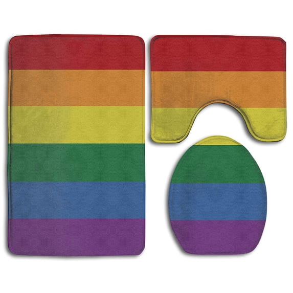 PUDMAD Rainbow Pride Flag 3 Piece Bathroom Rugs Set Bath Rug Contour Mat and Toilet Lid Cover