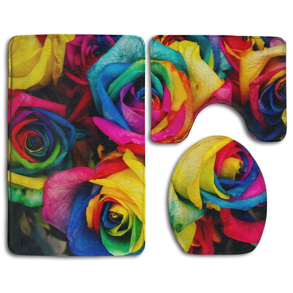 PUDMAD Rainbow Rose Petals 3 Piece Bathroom Rugs Set Bath Rug Contour Mat and Toilet Lid Cover