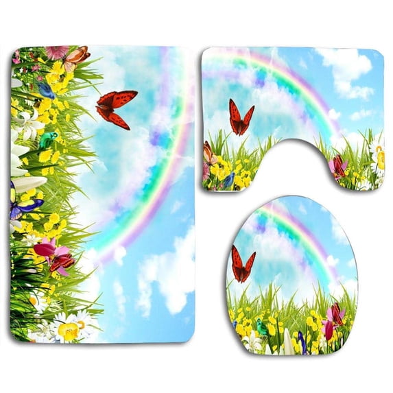 PUDMAD Rainbow Surprises 3 Piece Bathroom Rugs Set Bath Rug Contour Mat and Toilet Lid Cover