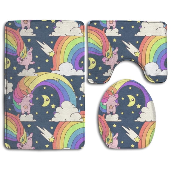 PUDMAD Rainbow Unicorn Pig 3 Piece Bathroom Rugs Set Bath Rug Contour Mat and Toilet Lid Cover