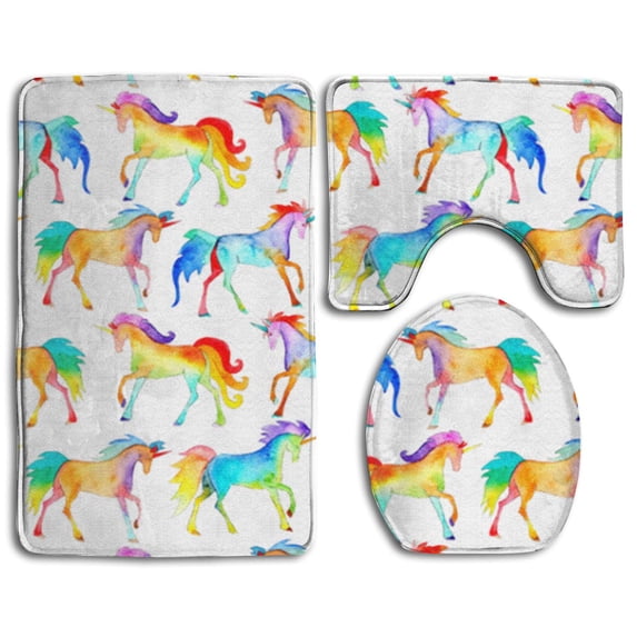 PUDMAD Rainbow Watercolour Unicorns 3 Piece Bathroom Rugs Set Bath Rug Contour Mat and Toilet Lid Cover