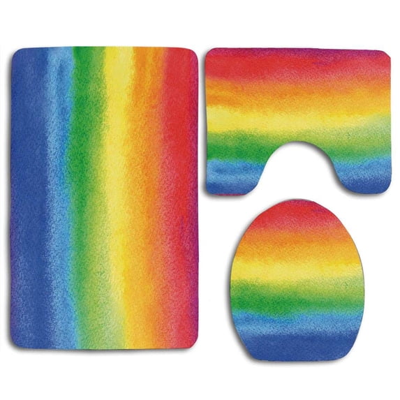 PUDMAD Rainbow Work Art Vivid Colors Rainbow Tones Abstract Lines Painted Brush 3 Piece Bathroom Rugs Set Bath Rug Contour Mat and Toilet Lid Cover