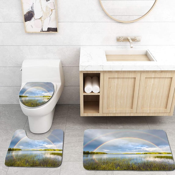 PUDMAD Rainbow in Midsummer Over Lake in Beautiful Landscape in Finland 3 Piece Bathroom Rugs Set Bath Rug Contour Mat and Toilet Lid Cover