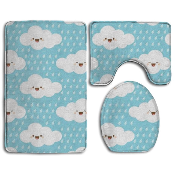 PUDMAD Raining Cute Clouds 3 Piece Bathroom Rugs Set Bath Rug Contour Mat and Toilet Lid Cover