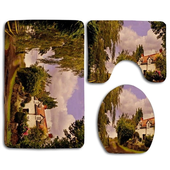 PUDMAD Rainy Day 3 Piece Bathroom Rugs Set Bath Rug Contour Mat and Toilet Lid Cover