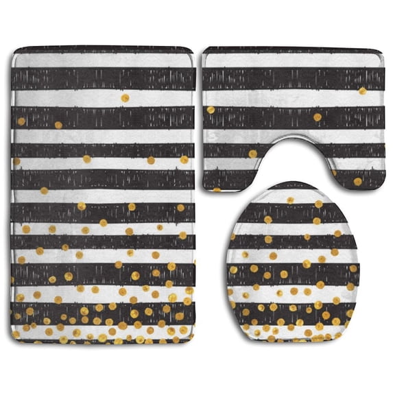 PUDMAD Random Gold Dots Stripes 3 Piece Bathroom Rugs Set Bath Rug Contour Mat and Toilet Lid Cover