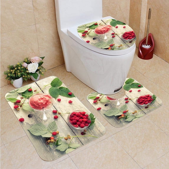 PUDMAD Raspberries ice Cream 3 Piece Bathroom Rugs Set Bath Rug Contour Mat and Toilet Lid Cover