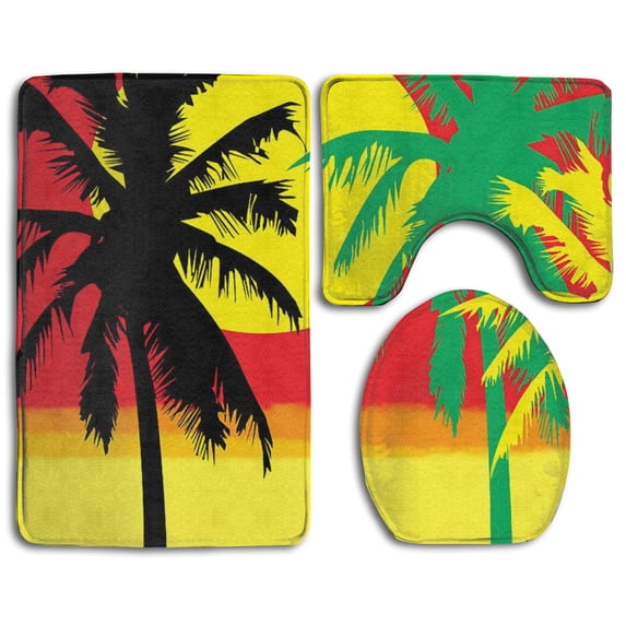 PUDMAD Rasta Palm Tree at Sunset 3 Piece Bathroom Rugs Set Bath Rug Contour Mat and Toilet Lid Cover