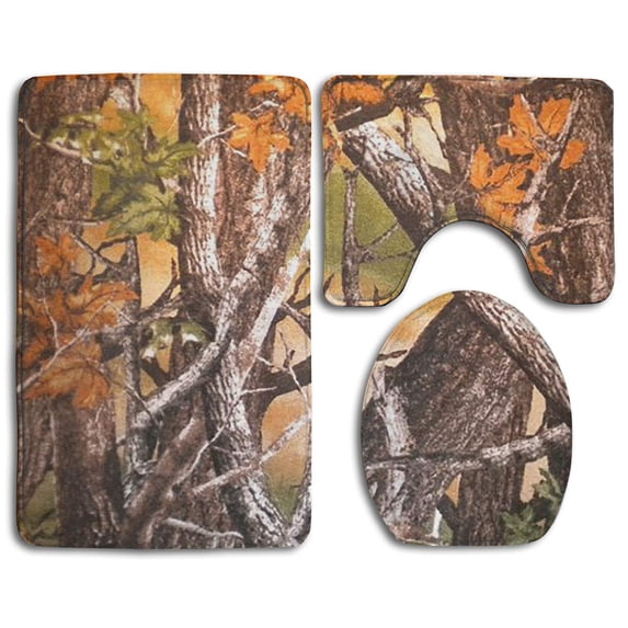 PUDMAD Real Tree Camo 3 Piece Bathroom Rugs Set Bath Rug Contour Mat and Toilet Lid Cover