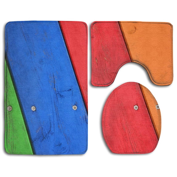 PUDMAD Red Blue Wooden Cabinet 3 Piece Bathroom Rugs Set Bath Rug Contour Mat and Toilet Lid Cover