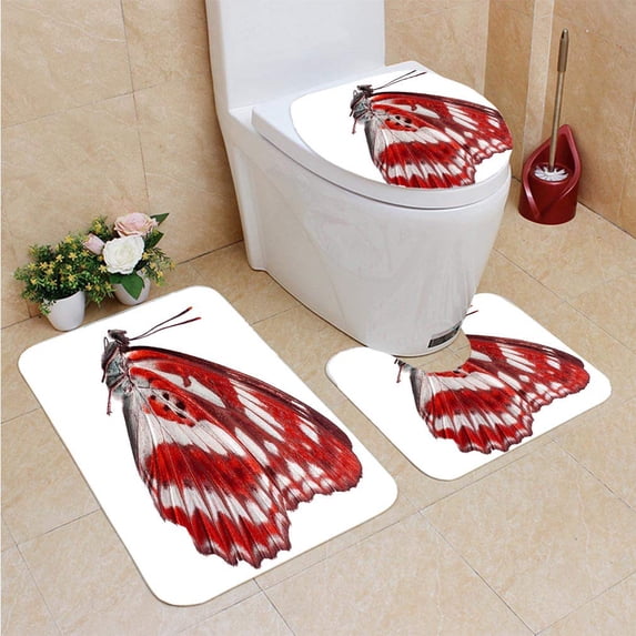 PUDMAD Red Butterfly Closeup 3 Piece Bathroom Rugs Set Bath Rug Contour Mat and Toilet Lid Cover