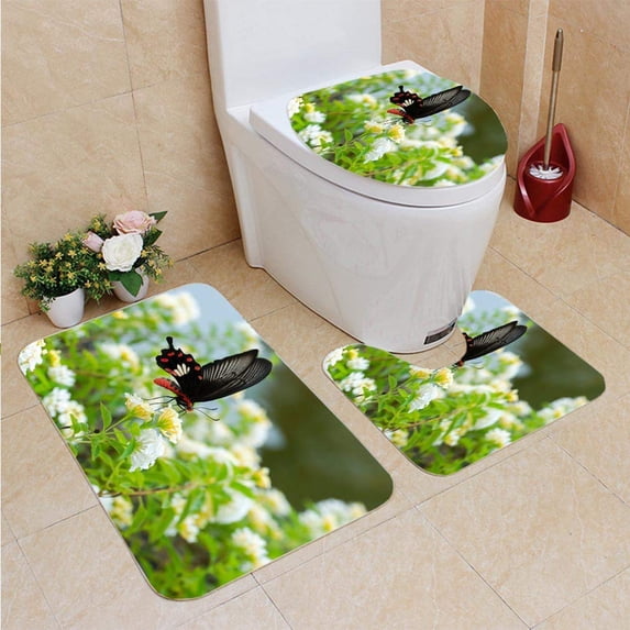 PUDMAD Red Butterfly Hedge Flowers Beautiful Nature 3 Piece Bathroom Rugs Set Bath Rug Contour Mat and Toilet Lid Cover