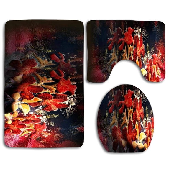 PUDMAD Red Digital Flowers 3 Piece Bathroom Rugs Set Bath Rug Contour Mat and Toilet Lid Cover