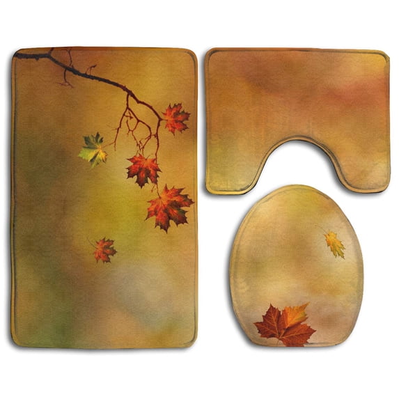 PUDMAD Red Fallen Leaves 3 Piece Bathroom Rugs Set Bath Rug Contour Mat and Toilet Lid Cover