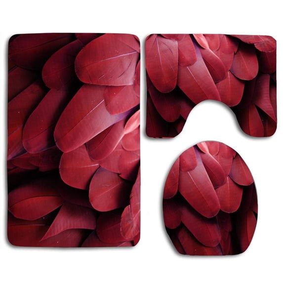 PUDMAD Red Feathers Pcs Toilet Bathroom Set 3 Piece Bathroom Rugs Set Bath Rug Contour Mat and Toilet Lid Cover