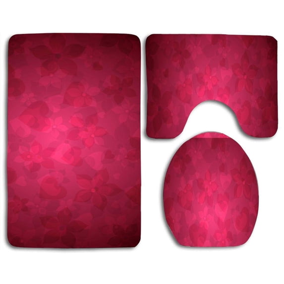 PUDMAD Red Floral 3 Piece Bathroom Rugs Set Bath Rug Contour Mat and Toilet Lid Cover