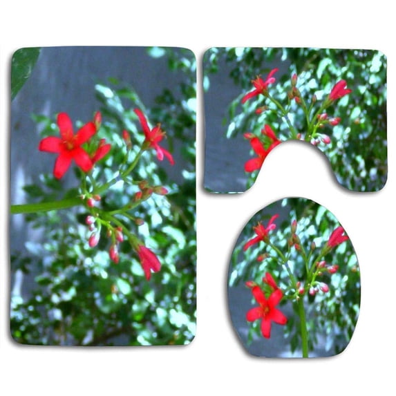 PUDMAD Red Flowers 3 Piece Bathroom Rugs Set Bath Rug Contour Mat and Toilet Lid Cover