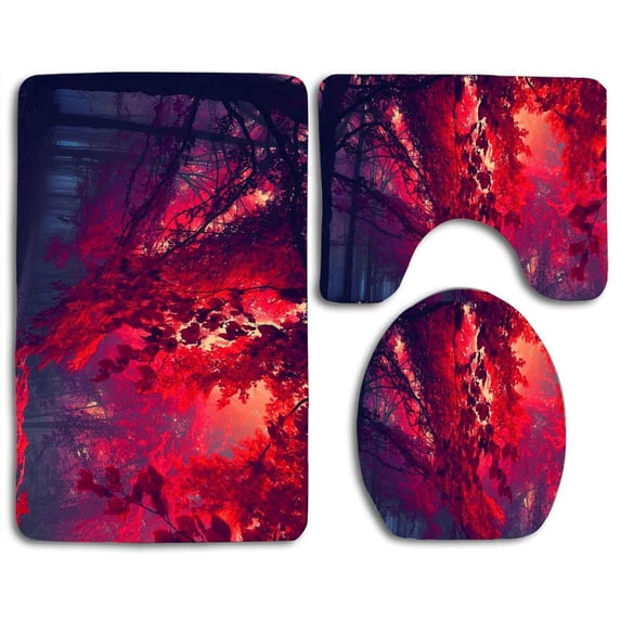PUDMAD Red Forest 3 Piece Bathroom Rugs Set Bath Rug Contour Mat and Toilet Lid Cover
