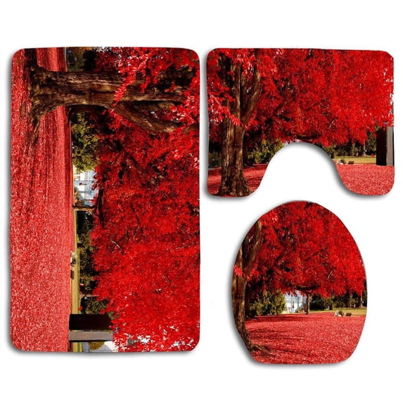 PUDMAD Red Leaves in Aumtun Fall 3 Piece Bathroom Rugs Set Bath Rug Contour Mat and Toilet Lid Cover