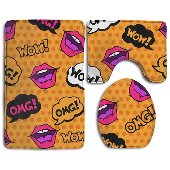 PUDMAD Red Lips Art 3 Piece Bathroom Rugs Set Bath Rug Contour Mat and Toilet Lid Cover
