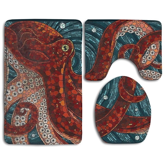 PUDMAD Red Octopus 3 Piece Bathroom Rugs Set Bath Rug Contour Mat and Toilet Lid Cover