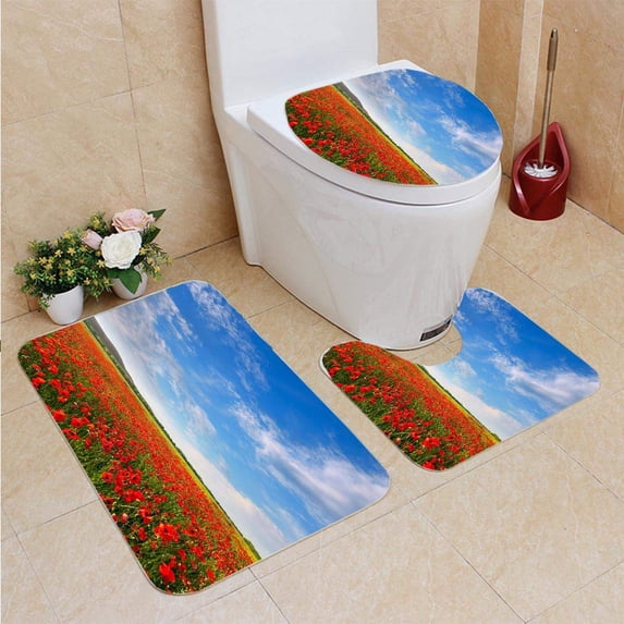 PUDMAD Red Poppies a Sky 3 Piece Bathroom Rugs Set Bath Rug Contour Mat and Toilet Lid Cover