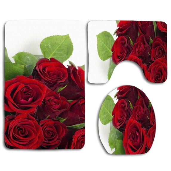 PUDMAD Red Red Roses 3 Piece Bathroom Rugs Set Bath Rug Contour Mat and Toilet Lid Cover