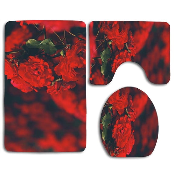 PUDMAD Red Rose 3 Piece Bathroom Rugs Set Bath Rug Contour Mat and Toilet Lid Cover