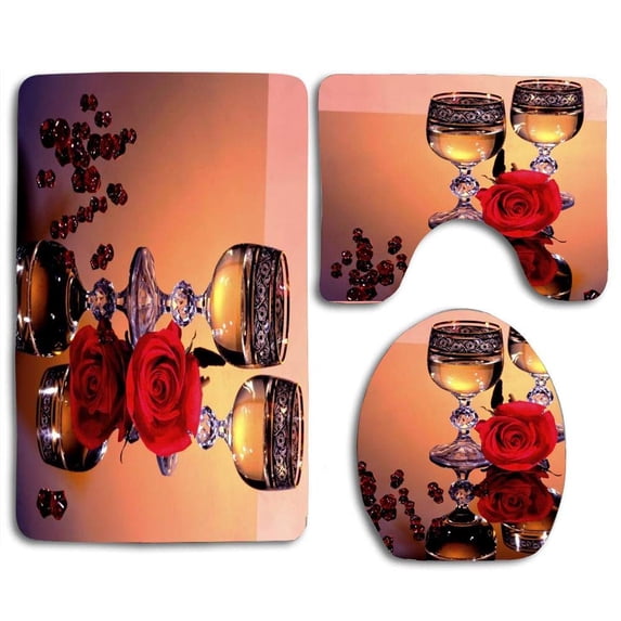 PUDMAD Red Rose Reflection 3 Piece Bathroom Rugs Set Bath Rug Contour Mat and Toilet Lid Cover