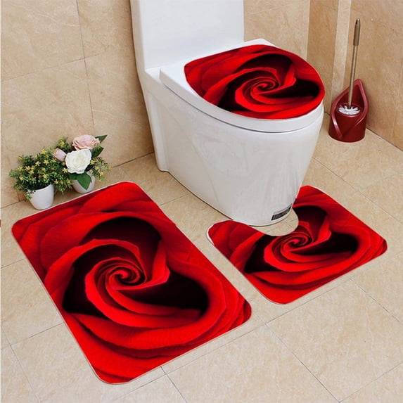PUDMAD Red Rose in Shape a Heart 3 Piece Bathroom Rugs Set Bath Rug Contour Mat and Toilet Lid Cover